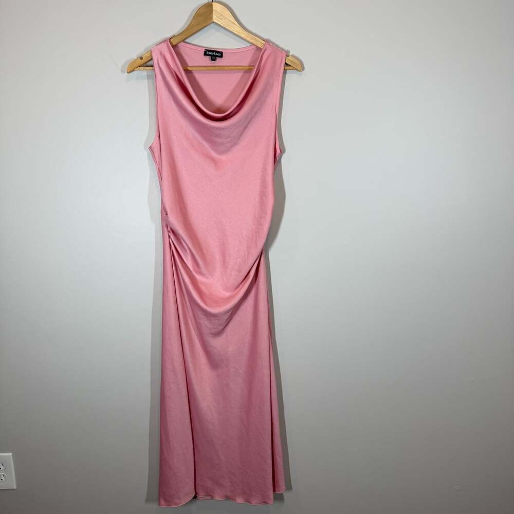 Bebe Pink Cowl Neck Midi Dress Women's Size Large Satin Sleeveless Ruched 90's